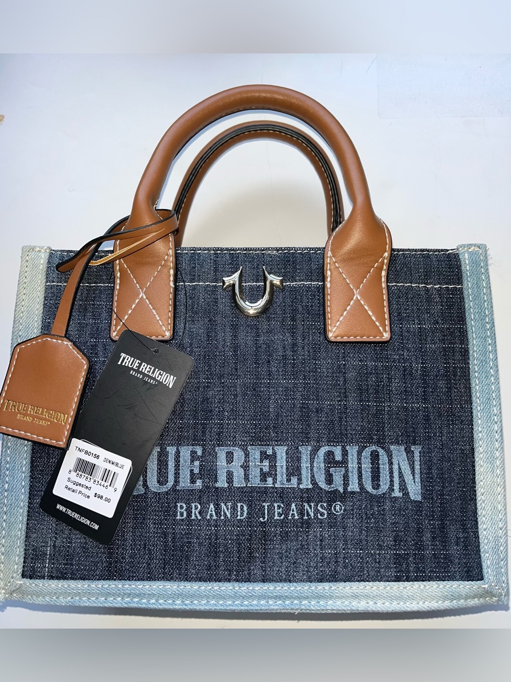 True Religion Dark Denim Tote with Brown Leather Handles NWT